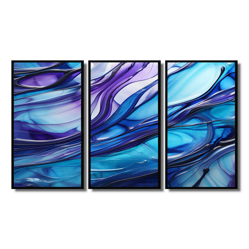 «Inner Nebula Deep Blue - Vagues», ensemble de décorations murales, Cadre flottant noir, H 32 po x l 48 po x P 1 po