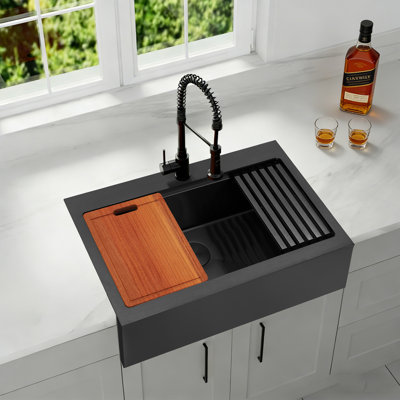   36" L x 22" W Workstation Black Farmhouse Apron Front Kitchen Sink 16 Gauge Stainless Steel Single Bowl With Accessories