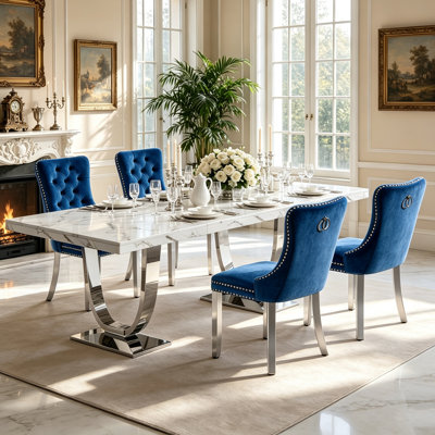 Ensemble de salle à manger 5 pièces en faux marbre pour 4 personnes, table de cuisine rectangulaire de 180 cm avec 4 chaises capitonnées en velours, piètement en acier inoxydable argenté, idéal pour les repas en famille ou entre amis.