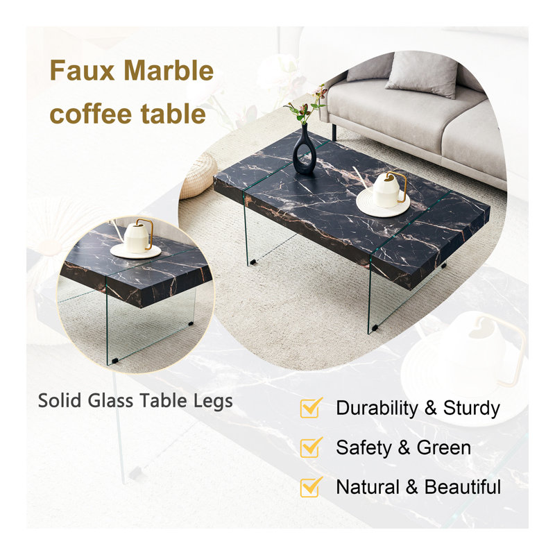 43.3"X23.6" Black Marble-Patterned MDF Coffee Table With Tempered Glass Legs.Suitable For Living Room.It Can Be Used Not Only As A Coffee Table But Also As A Side Table Or Display Stand.