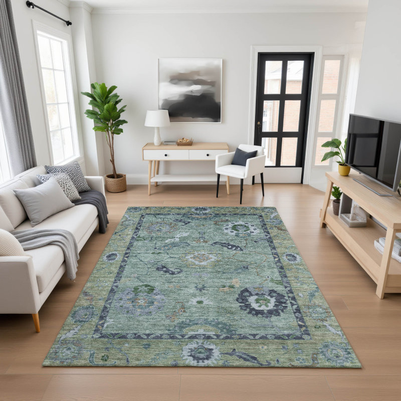 Premium Machine Washable Mayfield AMF2230 Global Rug, Green, 5' x 7'6"