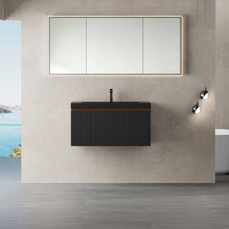 Meuble-lavabo mural flottant 30 po moderne en noyer fumé avec plateau en quartz noir, 30"