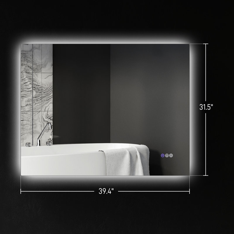 Miroir de salle de bain 39 po x 32 po avec éclairage DEL, brouillard, intensité variable, température de couleur réglable, fixation murale, mémoire, montage horizontal / vertical, verre transparent, lumières en aluminium, fonction de brouillard, température, lieu,