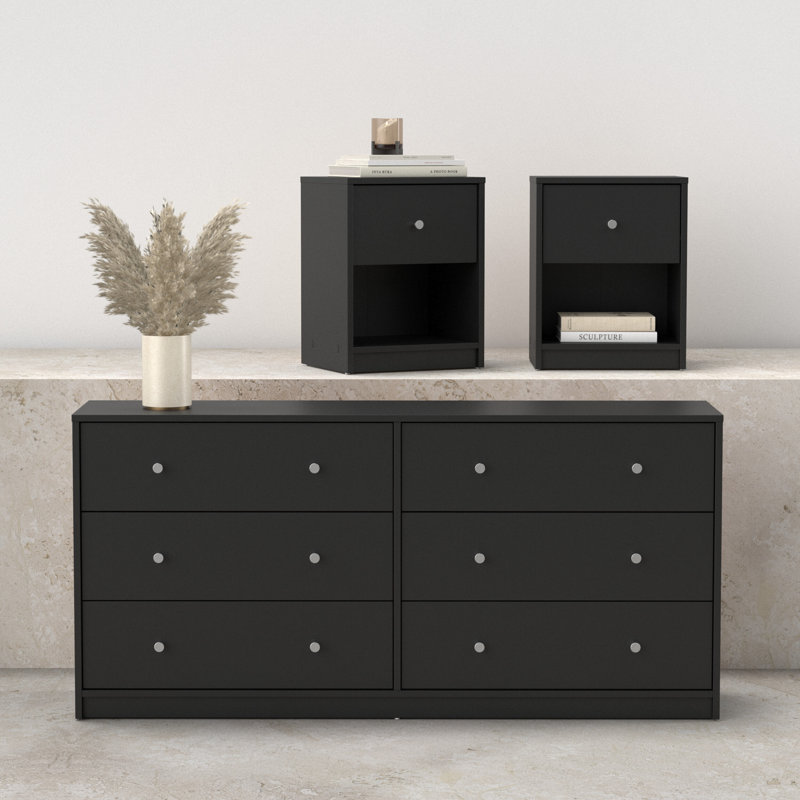 Ensemble de chambre à coucher 3 pièces - commode double 6 tiroirs et ensemble de table de chevet 2 pièces, noir, Noir