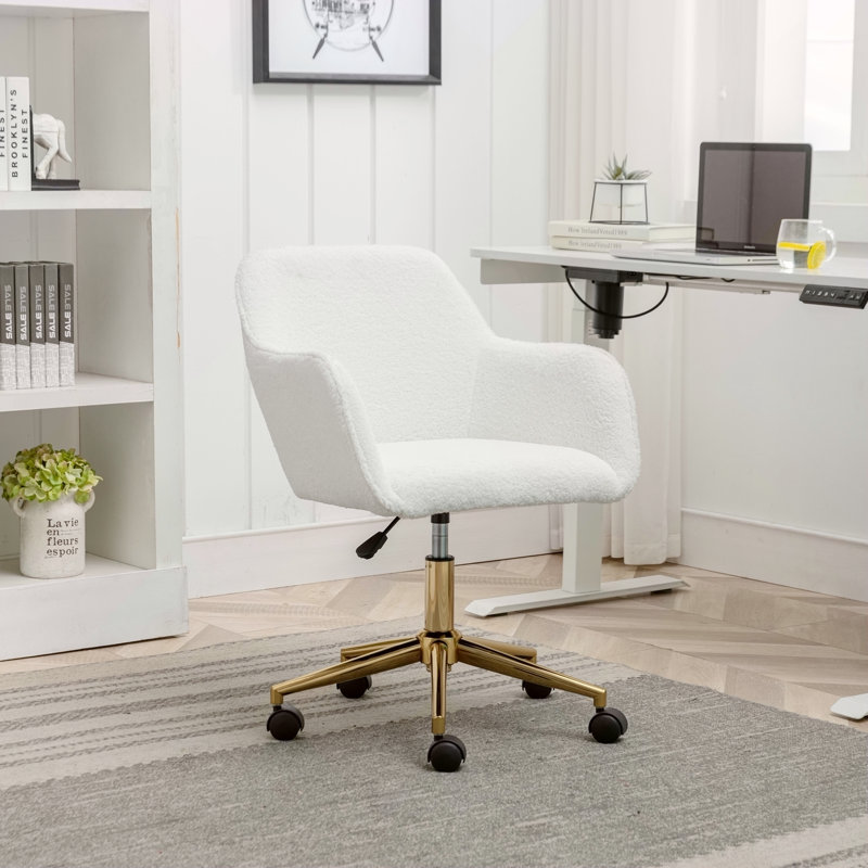 Chaise de bureau rotative à hauteur ajustable 360 ° avec pieds en métal doré et roue universelle pour l'intérieur, Blanc