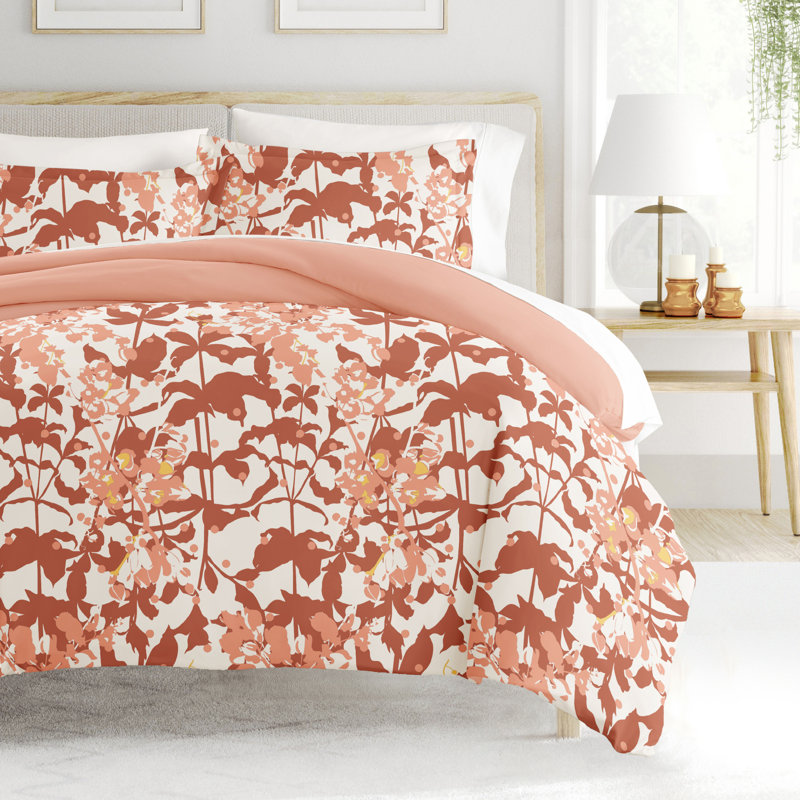 Clay and White Floral Microfiber Full/Queen Duvet Cover Set