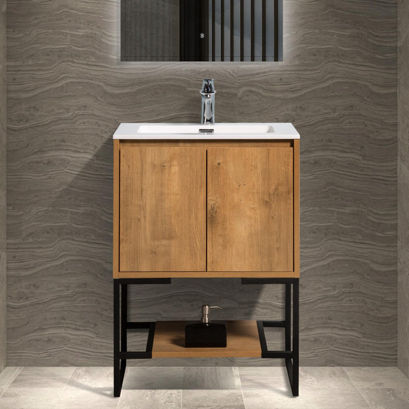  Meuble-lavabo 2-en-1 mural et autoportant avec comptoir et lavabo, armoire de rangement à tablette ouverte, Chêne, 30"
