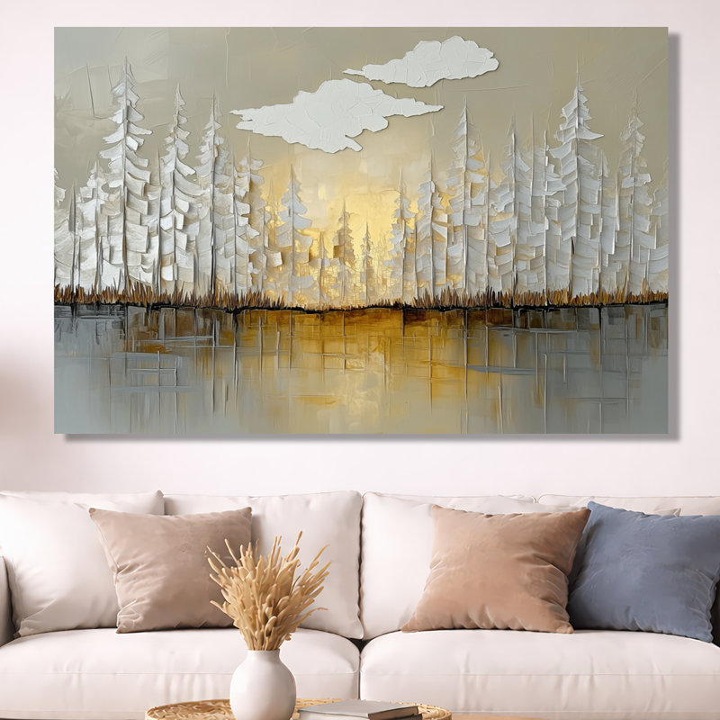 Art mural moderne forêt moderne, toile horizon doré, forêt moderne gris doré, H 40 po x l 60 po, Toile tendue