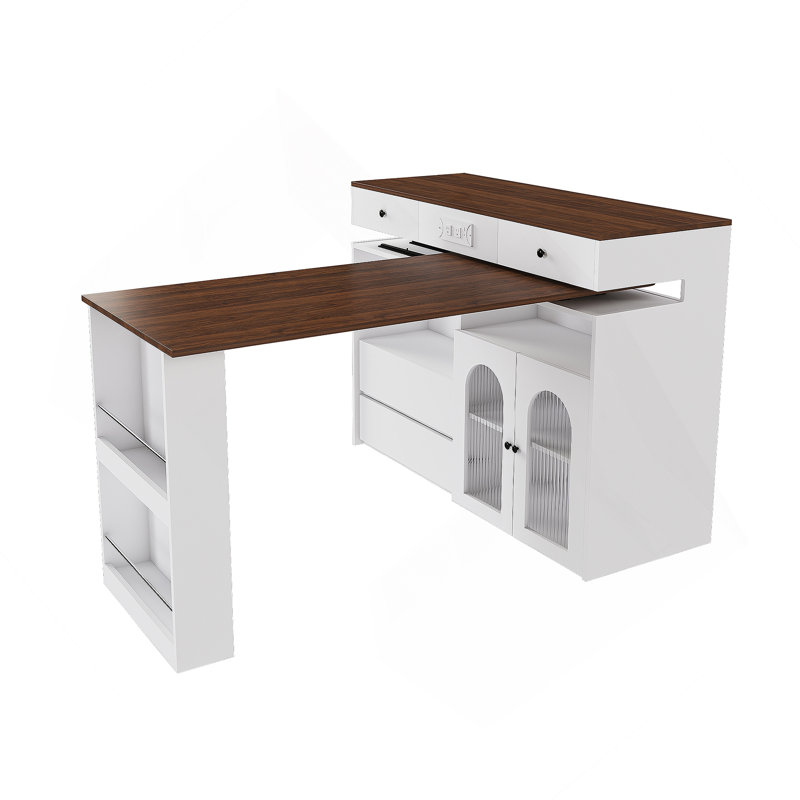 Kitchen Island With Extendable And Rotating Table, Wooden Kitchen Island With 4 Drawers, White, Walnut Wood