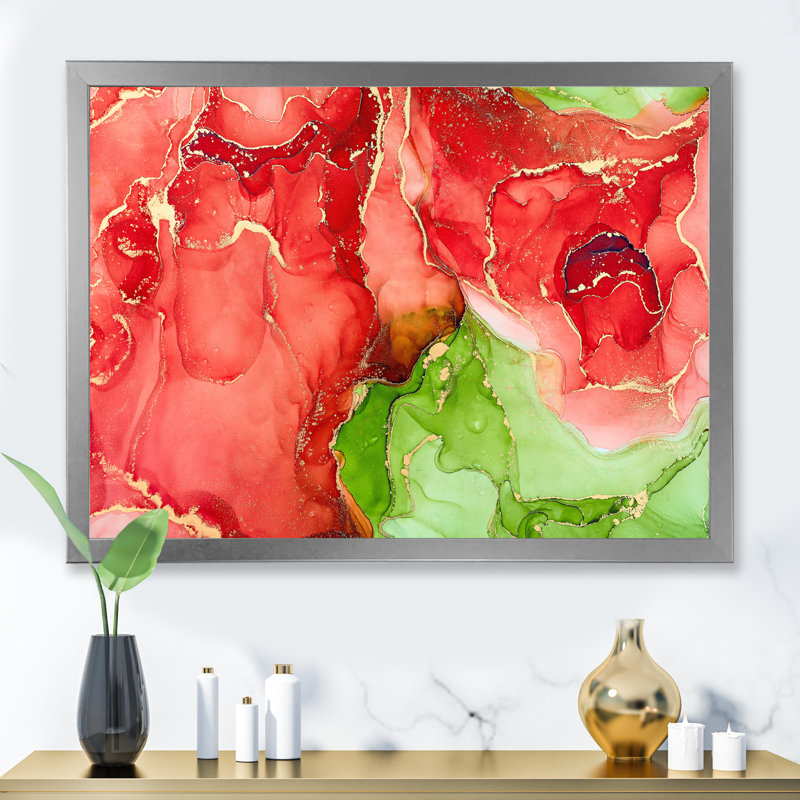 «Red and Green Luxury Abstract Fluid», peinture sur toile, H 30 po x l 40 po x P 1,5 po, Cadre photo argenté