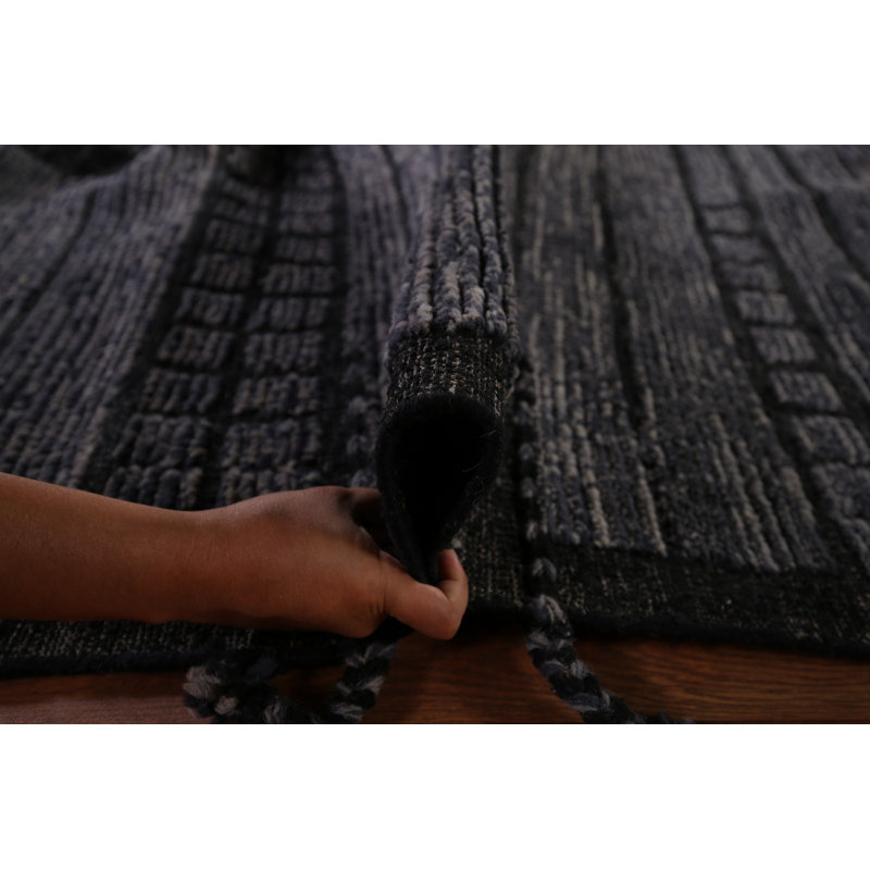 Tapis marocain moderne à rayures noires et bleues 9 x 13
