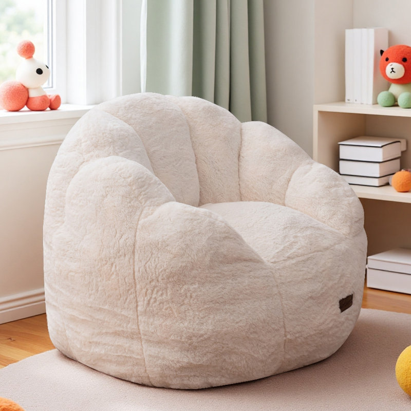 Floral Shaped Kids Bean Bag Chair, Beige Faux Fur