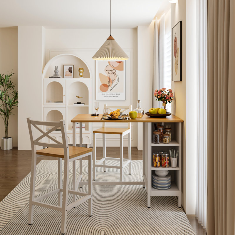 Industrial Style 3 Pieces Counter Height Dining Table Set With Storage Shelves, 41.3’’L Rectangular Dining Table With 2 Dining Chairs For Compact Kitchen Or Dining Room