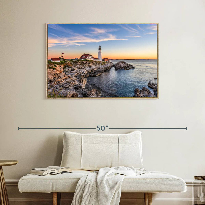 Coucher de soleil sur le phare de Portland Head, Cadre flottant en bois naturel, 40 po x 27 po