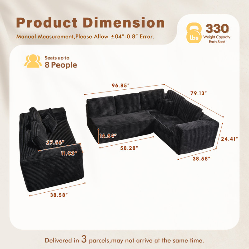 Ensemble de conversation modulaire 3 pièces en velours côtelé, sans assemblage requis, avec canapé modulaire de 79 po, Noir