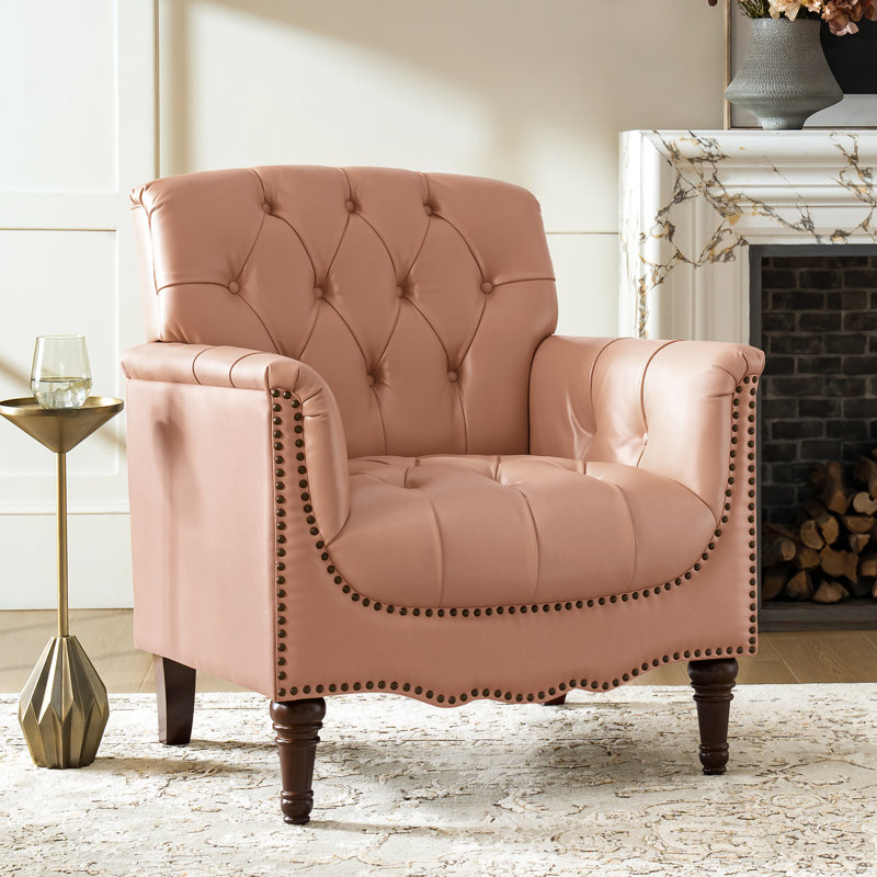 Annja 32" W Tufted Genuine Leather Armchair, Pink Top Grain Leather