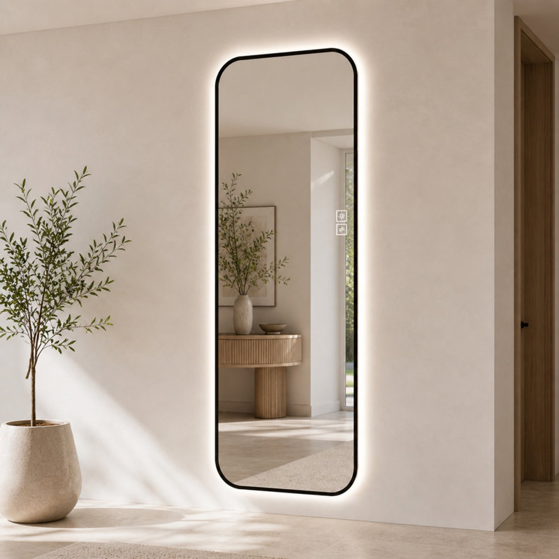 Miroir pleine longueur 65 po x 24 po à DEL avec cadre en aluminium noir, trois températures de couleur et gradation continue