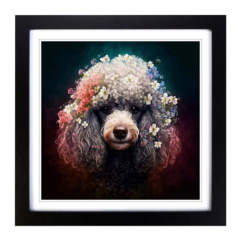 Poodle Floral - Single Picture Frame Print on Wood, Black