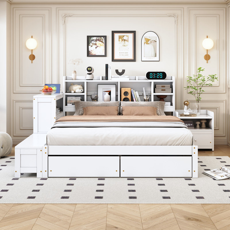 Lit plateforme avec rangement multifonctionnel, Blanc