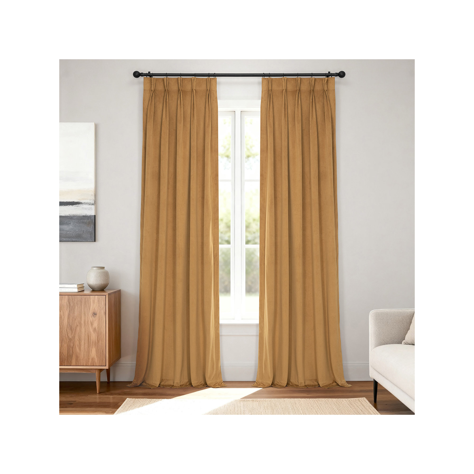 Balone French Pleat Signature Velvet Curtains for Bedroom Blackout Curtains for Living Room Single Panel, Amber Gold