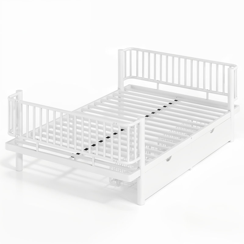 Lit plateforme double avec tiroirs de rangement, structure de lit de jour en métal avec conception de tuyau rond de sécurité améliorée, conception à profil bas, blanc