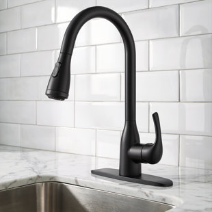 Matte Black High-Arc Kitchen Pull-Out Faucet, Single Handle, Four Water Flow Settings, Stainless Steel Body With Pull-Out Spray Head.