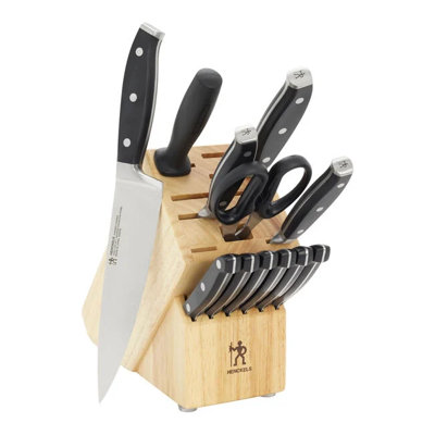 HENCKELS Forged Premio 13-Pc Knife Set with Block, Chef Knife, Paring Knife, Utility Knife, Steak Knife, Light Brown, Stainless Steel