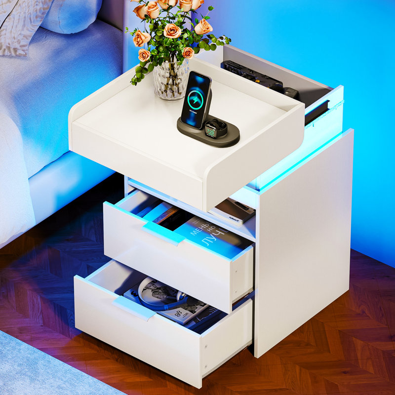 17.7"W Modern Style LED Nightstand With 2 Drawers,White Night Stand With Charging Station Sliding Top, Bedside Table For Living Room