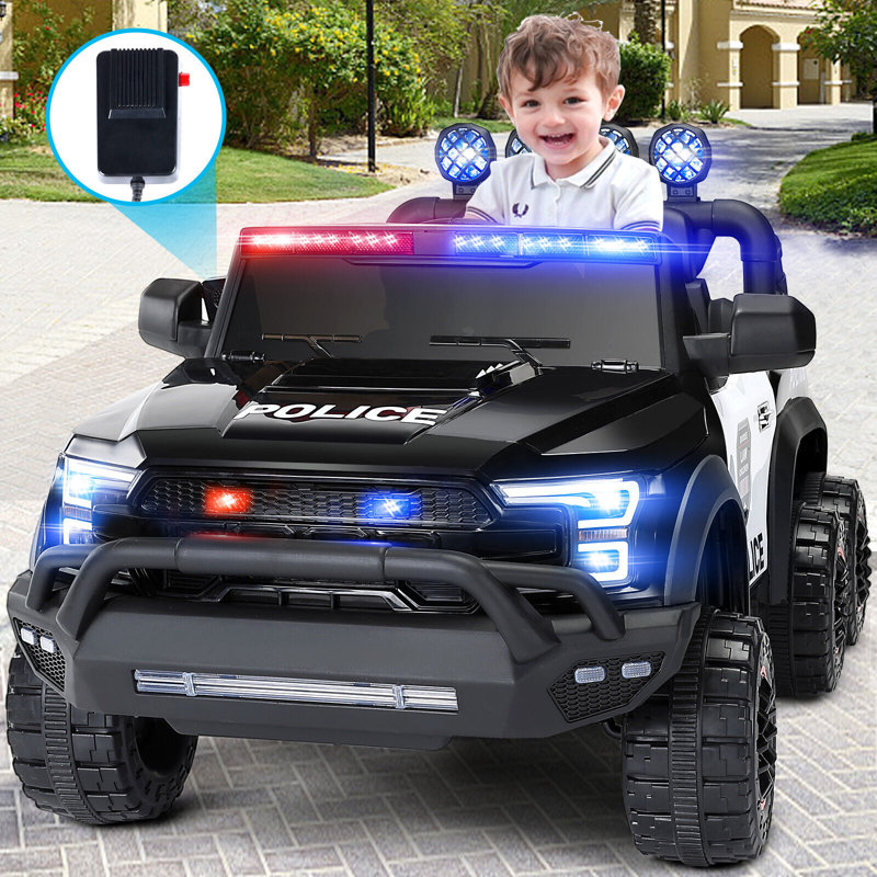 Black 12V Kids Ride-On Police Car with Remote Control