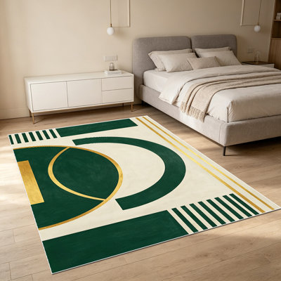 1PC Modern Geometric Art Deco Emerald Green Gold Foil Accent area rugs for Living Room, Soft and Comfortable, easy-to-maintain, machine washable Indoor floor mat suitable for dining room, bedroom, entryway, home office, balcony, patio.