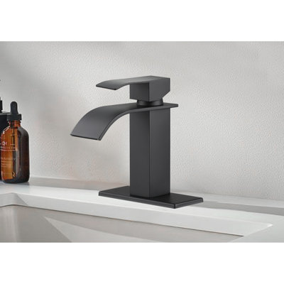 Robinet de lavabo de salle de bain noir mat à cascade, poignée simple pour un contrôle pratique de l'eau, robinet de construction en acier inoxydable avec fonction de débit, gestion facile,