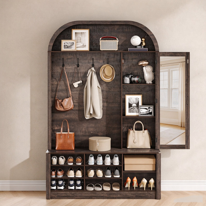 50.4 " Wide Hall Tree with Shoe Storage and Shelves, Noyer