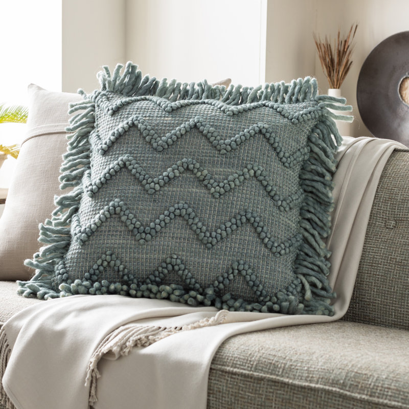 Hylia Fringed Wool Blend Reversible Throw Pillow, Gray, Down