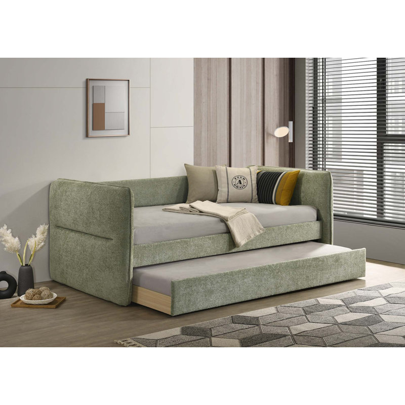 Luxurious 1Pc Modern Daybed Pull Out Trundle Button Tufted Nailhead Trim Bedroom Living Room Furniture Oatmeal Finish