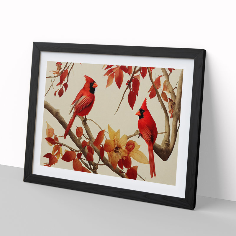 Watercolour Cardinal Birds - Single Picture Frame Print, Black Framed, 46cm H x 64cm W x 2cm D