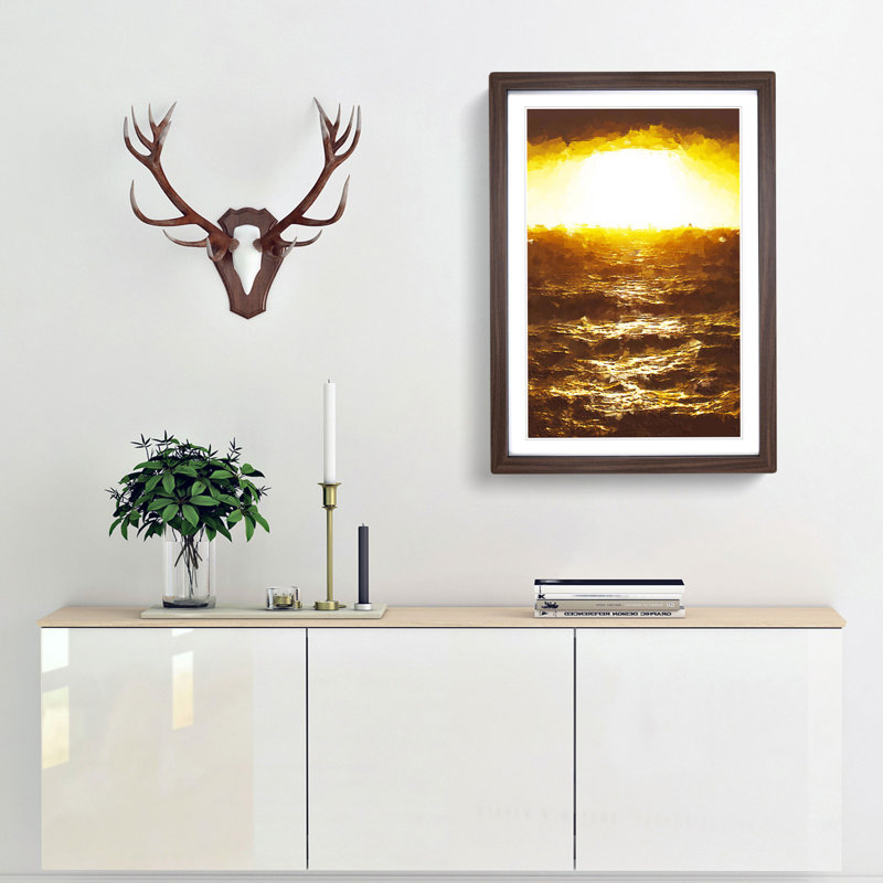 Yellow Sun over the Ocean in Abstract - Picture Frame Graphic Art Print, Walnut, 50cm H x 35cm W x 2cm D