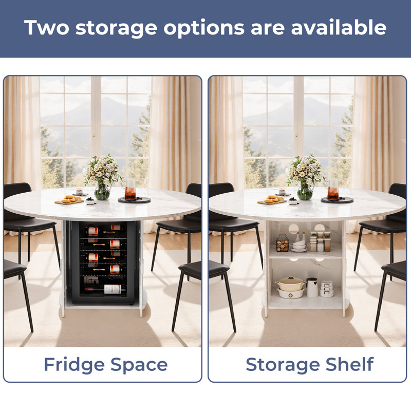 47.2" Round Dining Table With Fridge Space, Modern White Faux Marble Kitchen Tables, Wood Dining Room Table With Storage Shelf, Circle Dinner Tables For Home