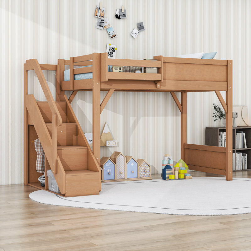 Lit mezzanine avec penderie et tablettes intégrées, Naturel foncé, Lit simple