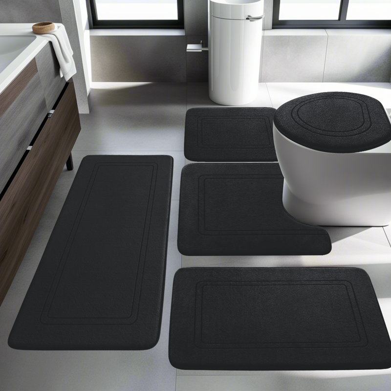 5 Piece Plush Memory Foam Bath Rug Set with Non-Slip Backing and High Absorbency, Black