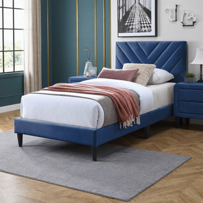 Velvet Upholstered Adjustable Headboard Bed With V-Stitching Design