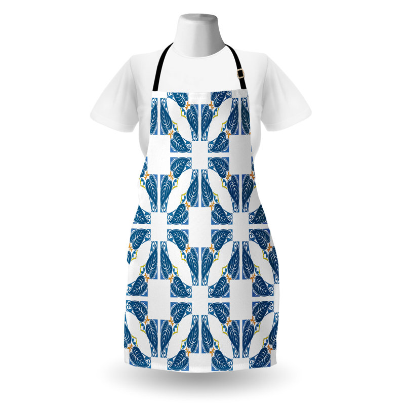 Tablier rétro East Urban Home unisexe, feuilles bleues marocaines, taille adulte, bleu blanc