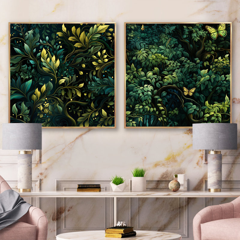 Emerald Canopy Forest - Abstract Botanicals Square Collage Set Of 2, Gold Floater Framed, 16" H x 33" W