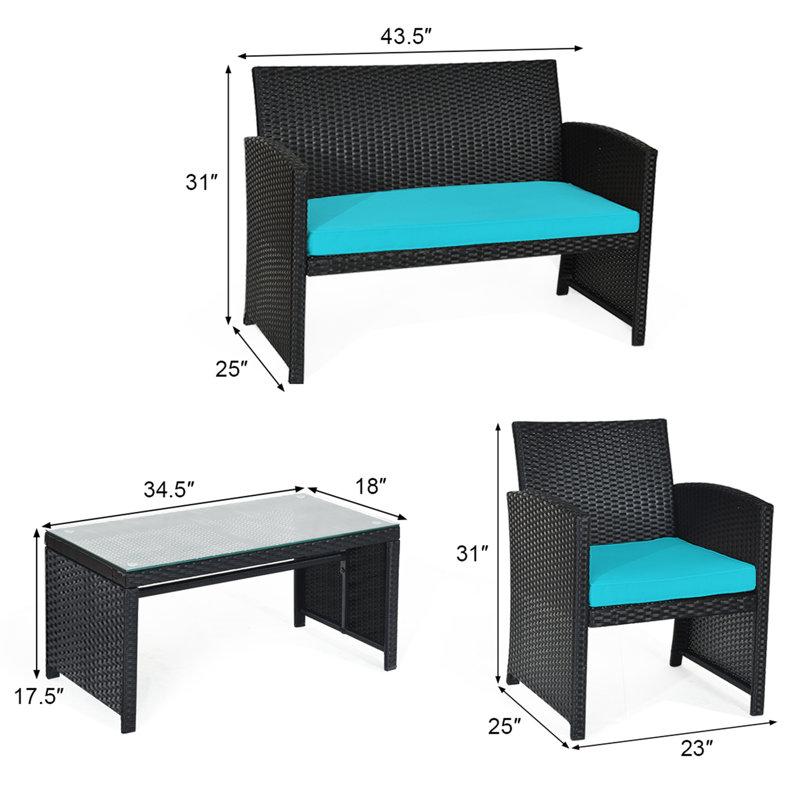 Red Barrel Studio® 4pcs Rattan Outdoor Conversation Set Patio Furniture Set W/ Cushions, Turquoise