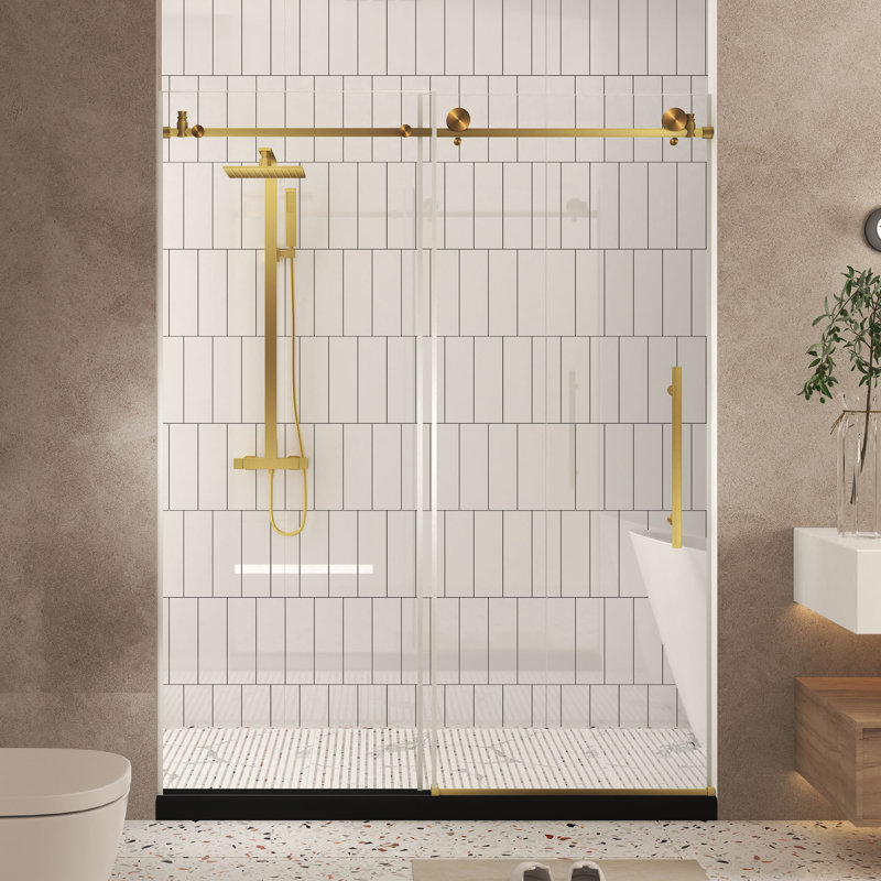 Porte de douche sans cadre avec verre trempé de 1/4 po Delmar, Or brossé