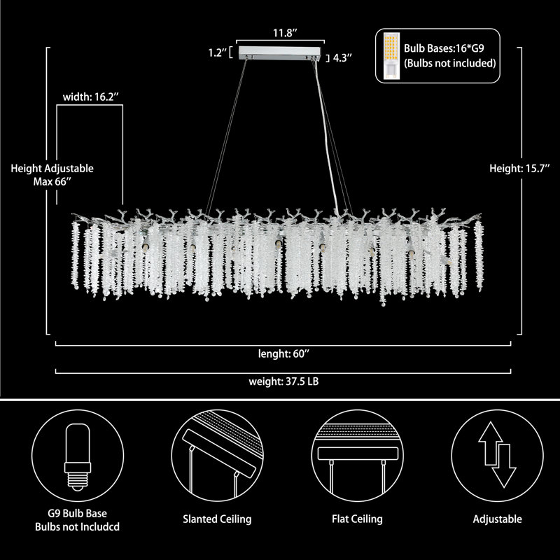 Erdenheim Modern Rectangle Crystal Chandeliers for Dining Room, Silver, 15.7" H x 60" W x 16.2" D