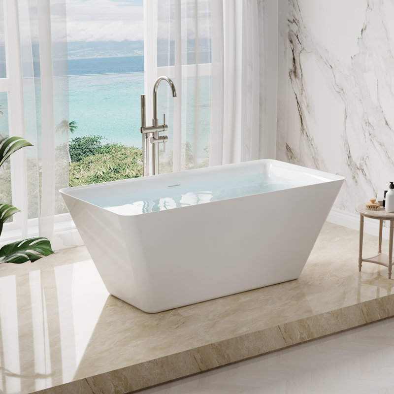 60 Inch,65-Gallon Freestanding Soaking Bathtub, 100% Pure Virgin Acrylic With Drain And Overflow,Glossy White