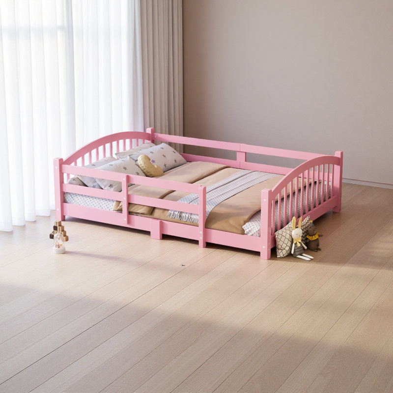 Solid Wood Floor Bed With Fence And Without Door, Full, Pink