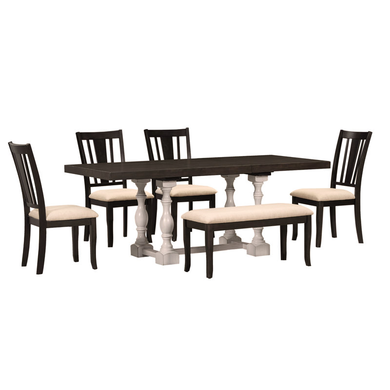 Ensemble de table de salle à manger extensible de style traditionnel avec tréteaux 78 pouces avec une feuille amovible de 18 pouces, chaises et banc rembourrés, blanc vieilli