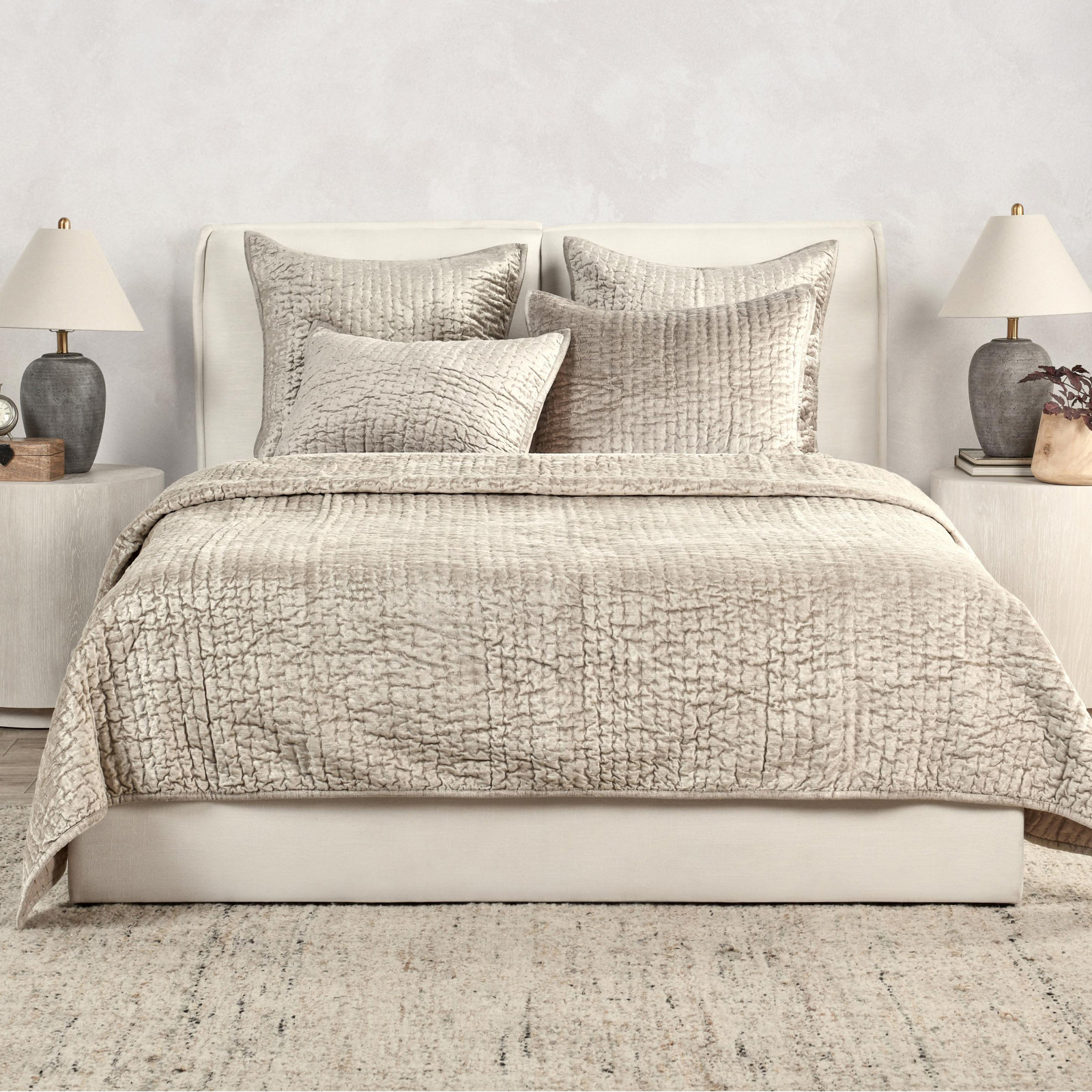 Tasmin Velvet Quilt, King Quilt, Pebble Beige
