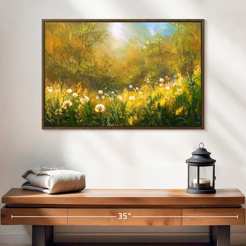 Champ de pissenlits, 25 po x 17 po, Cadre flottant noyer